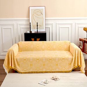 GAOWEI Throws for Sofas Large Sofa Throw 3 Seater with Decorative Tassels, Double-sided Throw Blanket for Sofas, Settees and Bed, Diamond Pattern with Leaves and Flowers 180x300cm - Yellow