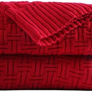 Knitted Throw Blanket 100% Cotton Home Bed Blanket,51x70 Inch Soft Cozy Lightweight Cable Knit Blanket Suitable for Sofa Couch Bed Chair Car Office Travel (Red, Stripe Pattern)