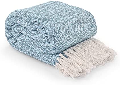 La Maison 100% Indian Cotton Diamond Pattern Check Large Batten Throwover Sofa Throw Multicoloured Bed Throw Woven Handloom Tassel Armchair Decorative Blanket (Teal, 228cm x 254cm / 90" x 100")