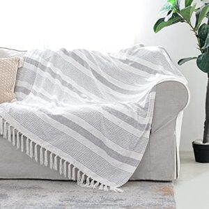 SNUGTOWN Decorative Grey Ivory Striped Throw with Fringe, Soft Chenille Knitted Farmhouse Lightweight Blanket with Tassels for Couch Sofa Chair Bed Office Home Décor, Gray and Off White,127 x 152 cm