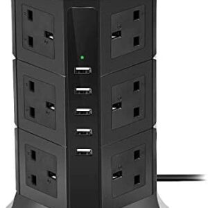 Tower Extension Lead, BEVA Multi Plug Socket 12 Way Outlet Surge Protector Power Strip Electric Charging Station with 5 Smart USB Charger(5V/4.5A), 2M Extension Cords for Home and Office