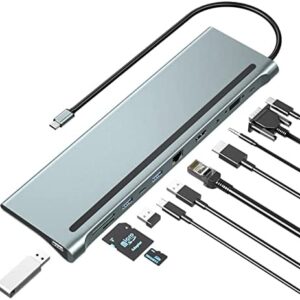 USB C Docking Station, 11 in 1 USB C Hub,Dual Monitor Type C to HDMI + VGA Adapter, Laptop Docking Station Extended Display Multiport USB 3.0 SD/TF Audio for Dell, Surface, HP, Lenovo Laptops