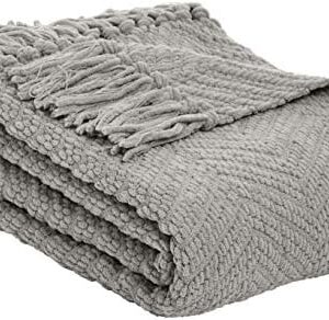 Amazon Basics Knitted Fringed Throw Blanket - Light Grey, 130 x 150 cm