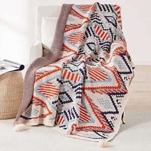 LumiSyne Knitted Throw Blanket Vintage Tassel Bohemian Ethnic Style Geometric Pattern Cozy Armchair Cover Warm Throws For Sofa Couch Bed Shawl Blanket 170x130cm