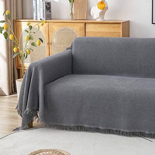 GAOWEI Waffle Sofa Throws Couch Cover with Decorative Fringe Bedspread,Ideal for Sofa Couch Bench and Bed,Grey 180x230cm - Image 3