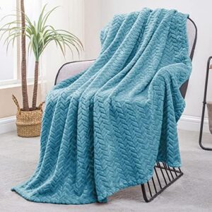 Exclusivo Mezcla Large Flannel Fleece Throw Blanket, 127x178 CM Sofa Throws, Soft Jacquard Weave Leaves Pattern Throws for Sofa, Slate Blue Blanket