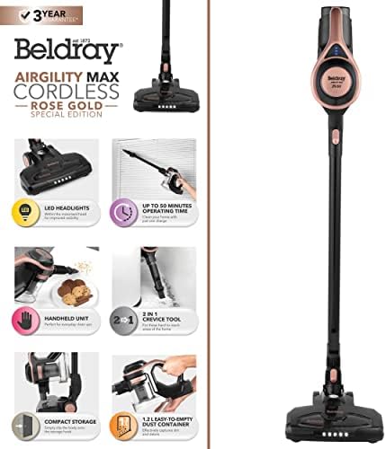 Beldray BEL0813NRG Airgility Cordless Vacuum Cleaner - 2-In-1 Multi Surface Stick Vacuum, 1.2L Dust Container, Converts To Handheld Vacuum, HEPA Filter, Includes 2 in 1 Crevice/Brush Tool, Rose Gold - Image 4