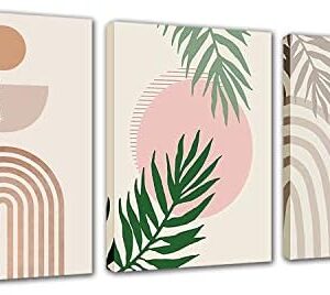 Abstract Framed Boho Wall Decor - 3 Pieces Green and Grey Plant Canvas Wall Art Sun and Moon Nature Floral Pictures Artwork Decoration for Bedroon Bathroom Living Room Kitchen 12x16inch Ready to Hang