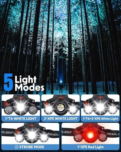 Jovrun Head Torches Led Super Bright Upgraded Red Warning Light Rechargeable 8000Lumen Maximum Lighting Time 5 Hours Power Display Waterproof Outdoor Headlight for Camping Running Fishing - Image 3