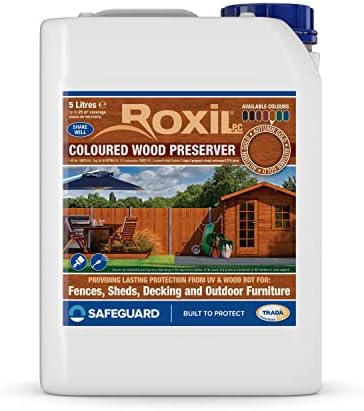 Roxil Wood Stain Preserver 5 Litre (Autumn Gold) Fast-Drying Satin Finish for Decking,Fence, Shed, Furniture. 5 Year Waterproofing Protection for Indoor & Outdoor