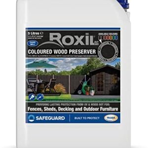 Roxil Wood Stain Preserver 5 Litre (Charcoal) Fast-Drying Satin Finish for Decking, Fence, Shed, Furniture. 5 Year Waterproofing Protection for Indoor & Outdoor