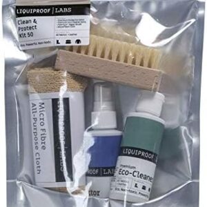 Liquiproof LABS Clean and Protect Kit. Premium Protector 50ml, Eco Cleaner 50ml, Vegetable Fibre Brush and a Microfibre Cloth. Shoe care kit for protecting and cleaning footwear and fashion items.