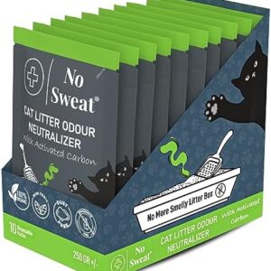 No Sweat Activated Carbon Cat Litter Odour Neutralizer-Made Of Coconut Shell-All Natural-No Chemical,Toxic Ingredients-Unscented-Planet Friendly-Disposable 10 Packs in One Box 250 GR- Packing May Vary