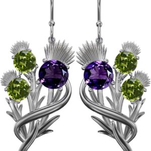 CAIRN Sterling Silver Scottish Thistle Earrings With Amethysts & Peridots - Croy. Jewellery Gift Box Included. 5621