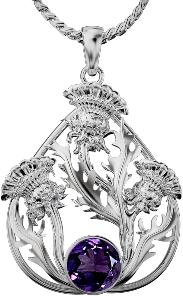 Cairn Small Sterling Silver Scottish Thistle Pendant With Amethyst - Baird Necklace. Jewellery Gift Box Included. 6120