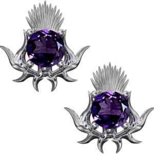 CAIRN Scottish Sterling Silver Thistle Stud Earrings With Amethysts - Emblem. Jewellery Gift Box Included. 5705
