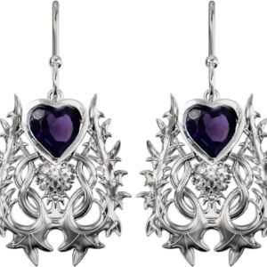 CAIRN Sterling Silver Scottish Thistle Earrings With Heart Cut Amethysts - Atholl. Jewellery Gift Box Included. 5364