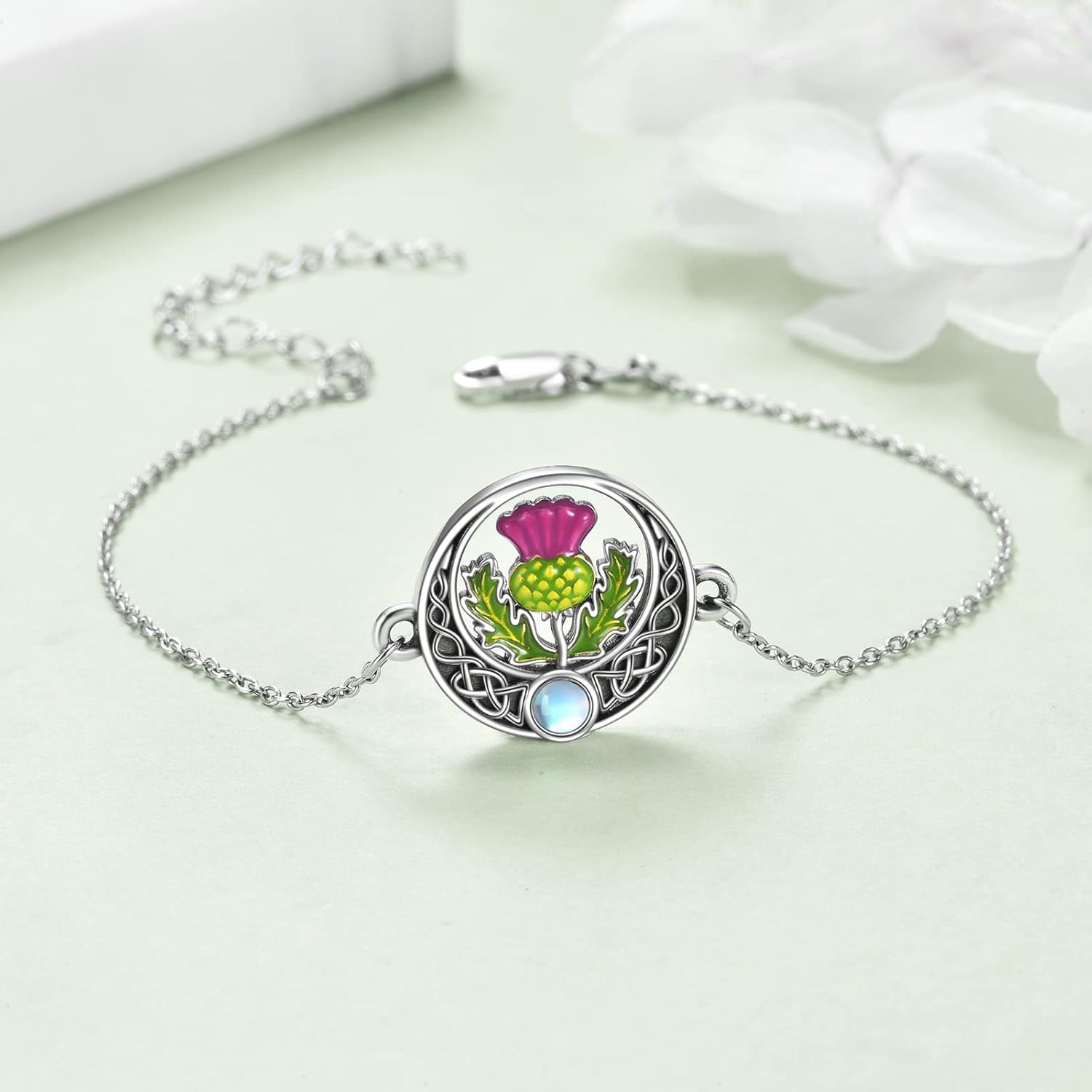 YAFEINI Dragonfly/Scottish Thistle Bracelet Sterling Silver Dragonfly/Scottish Thistle Abalone Shell Bar Pendant Bracelet Dragonfly/Scottish Thistle Pendant Jewelry Gift For Women Girls - Image 3