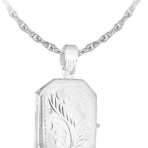 Tuscany Silver Women's Sterling Silver Medium Rectangle Engraved Locket Pendant on Rope Chain of 46cm/18"