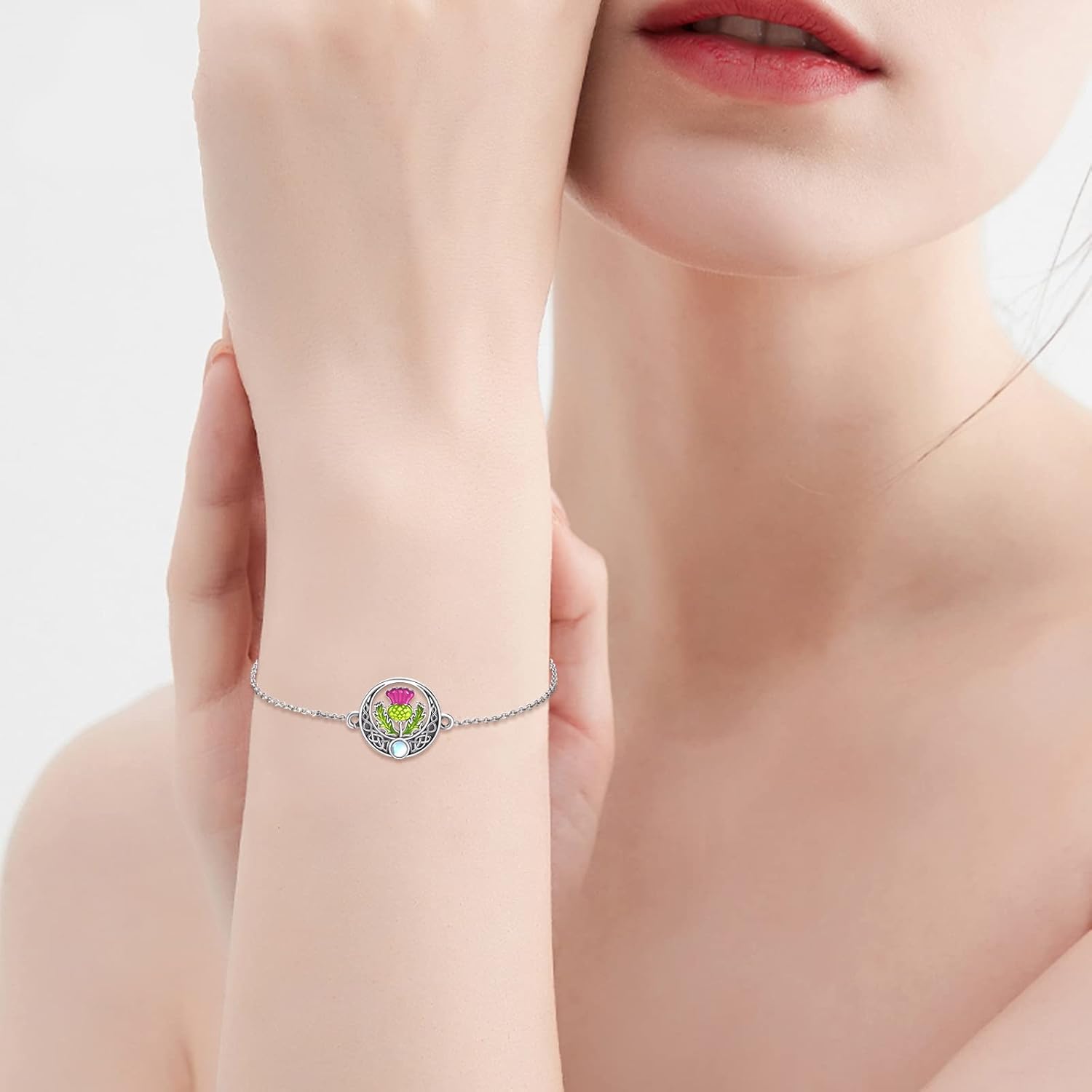 YAFEINI Dragonfly/Scottish Thistle Bracelet Sterling Silver Dragonfly/Scottish Thistle Abalone Shell Bar Pendant Bracelet Dragonfly/Scottish Thistle Pendant Jewelry Gift For Women Girls - Image 2
