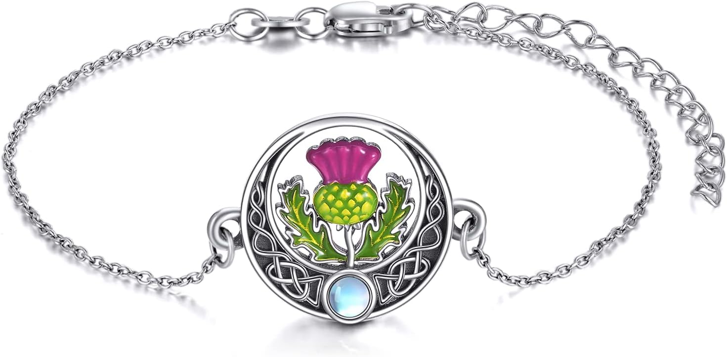 YAFEINI Dragonfly/Scottish Thistle Bracelet Sterling Silver Dragonfly/Scottish Thistle Abalone Shell Bar Pendant Bracelet Dragonfly/Scottish Thistle Pendant Jewelry Gift For Women Girls