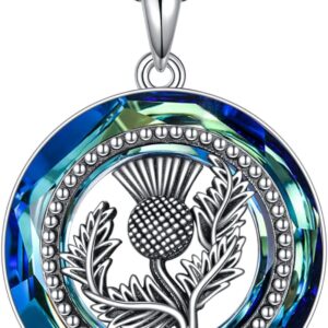 YFN Scottish Thistle Necklace Necklace Sterling Silver Celtic Scottish Thistle Flower Necklace with Blue Crystal Scottish Thistle Jewelry Gifts for Women Teens Girls Birthday