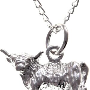 Alexander Castle 925 Sterling Silver Scottish Highland Cow Necklace - 16mm x 10mm Pendant with 18" Silver Chain & Jewellery Gift Box - Scottish Gifts for Women & Men