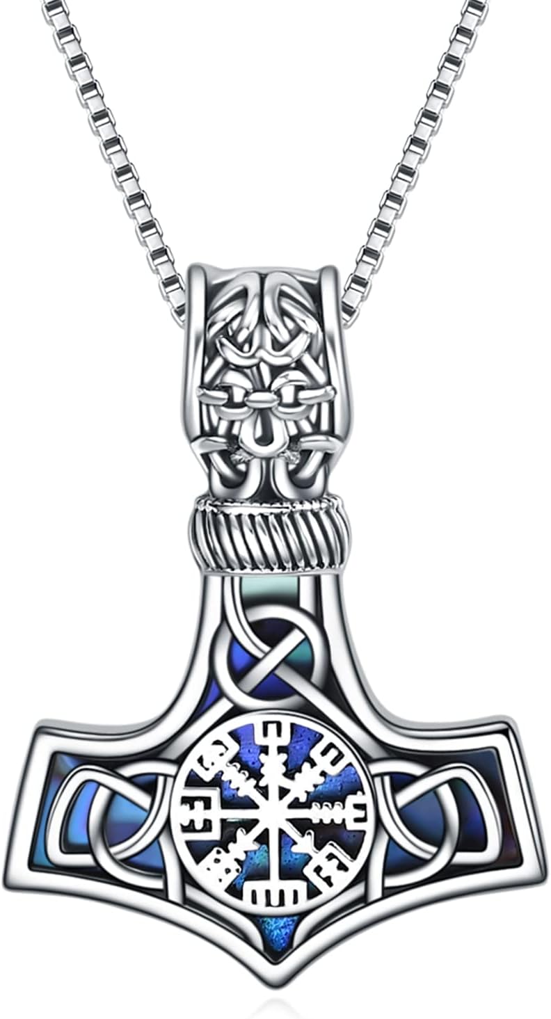 URONE Viking Thor's Hammer Pendant Necklace Sterling Silver Celtic Knot Mjolnir Nordic Viking Jewellery Gift for Men
