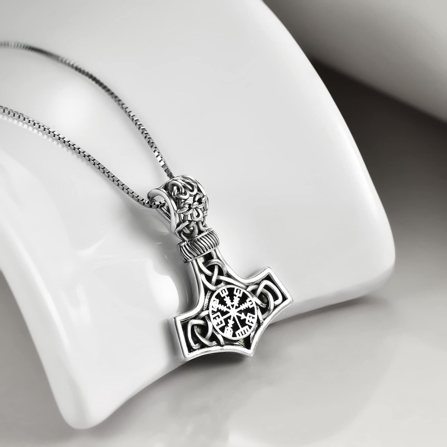URONE Viking Thor's Hammer Pendant Necklace Sterling Silver Celtic Knot Mjolnir Nordic Viking Jewellery Gift for Men - Image 2
