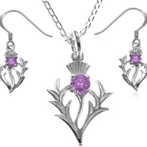 Alexander Castle Women's Jewellery Set 925 Sterling Silver Thistle Real Amethyst Necklace and Earring Set - Scottish Gifts for Women Girls Teens with Jewellery Gift Box - Drop Thistle Earrings