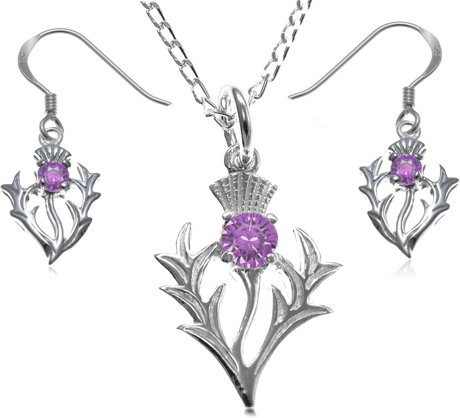 Alexander Castle Women's Jewellery Set 925 Sterling Silver Thistle Real Amethyst Necklace and Earring Set - Scottish Gifts for Women Girls Teens with Jewellery Gift Box - Drop Thistle Earrings