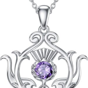 YAFEINI Scottish Thistle Necklace for Women Sterling Silver Thistle Amethyst Celtic Knot Pendant Irish Jewellery Gifts for Girls Mom Birthday Christms