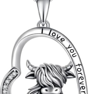Fryneauy Highland Cow Necklace 925 Sterling Silver Pendant Necklace Cows Gifts for Women Sister Daughter