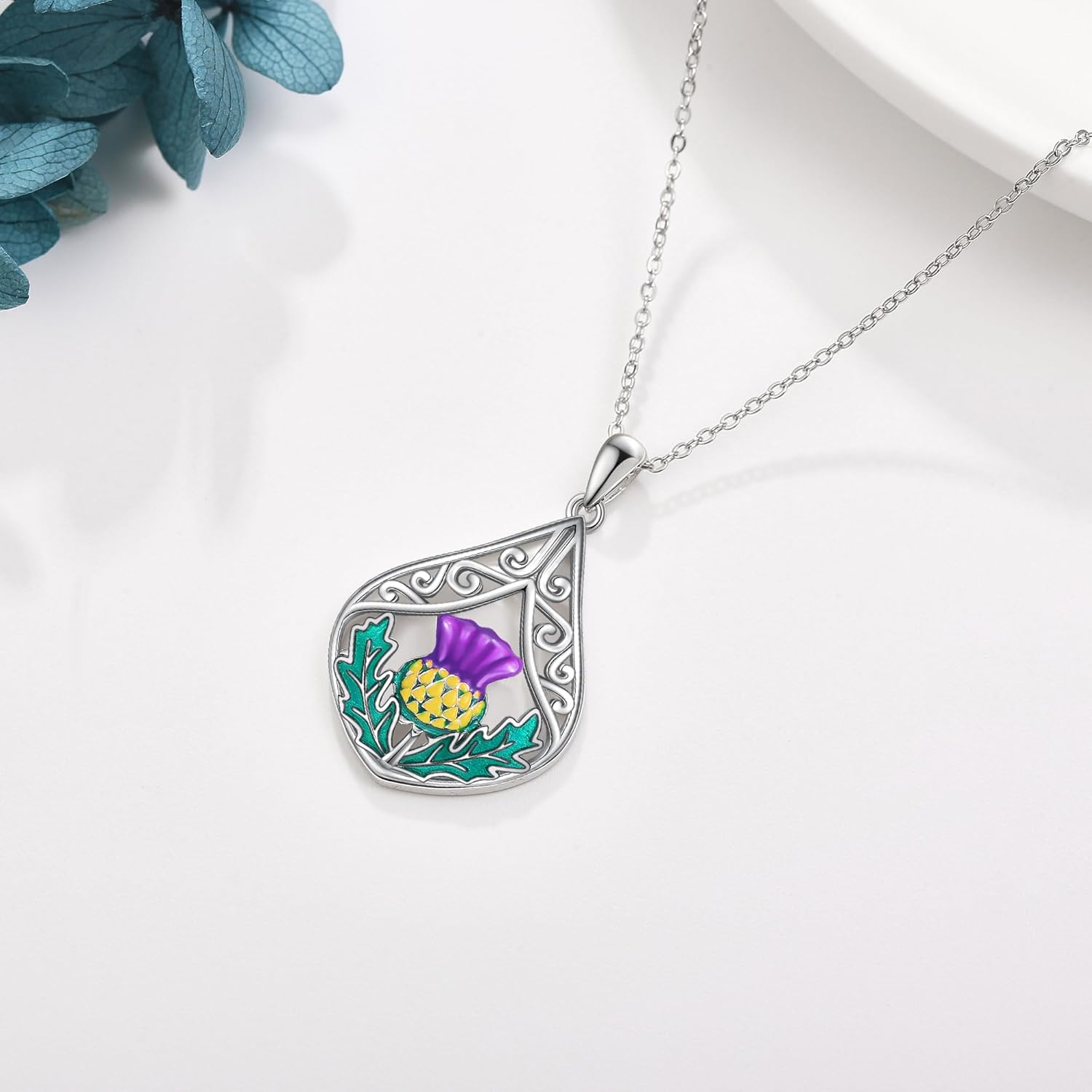URONE Scottish Thistle Necklace 925 Sterling Silver Thistle Pendant Necklace Scottish Thistle Jewellery Gifts for Women - Image 3