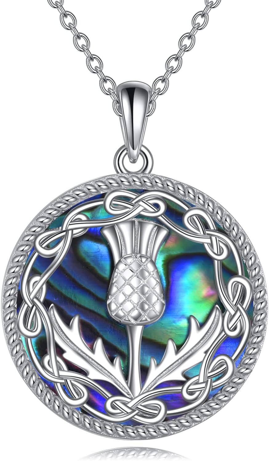 VONALA Scottish Gifts Jewellery for women Sterling Silver Scotland Thistle Necklace Abalone Celtic Knot Pendant Necklaces for Girls