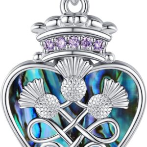 DAYLINLOVE Scottish Thistle Necklace S925 Sterling Silver Celtic Knot Necklaces Heart Shaped Abalone Shell Pendant Scottish Thistle Jewelry Gifts For Women Valentine's Day Gifts