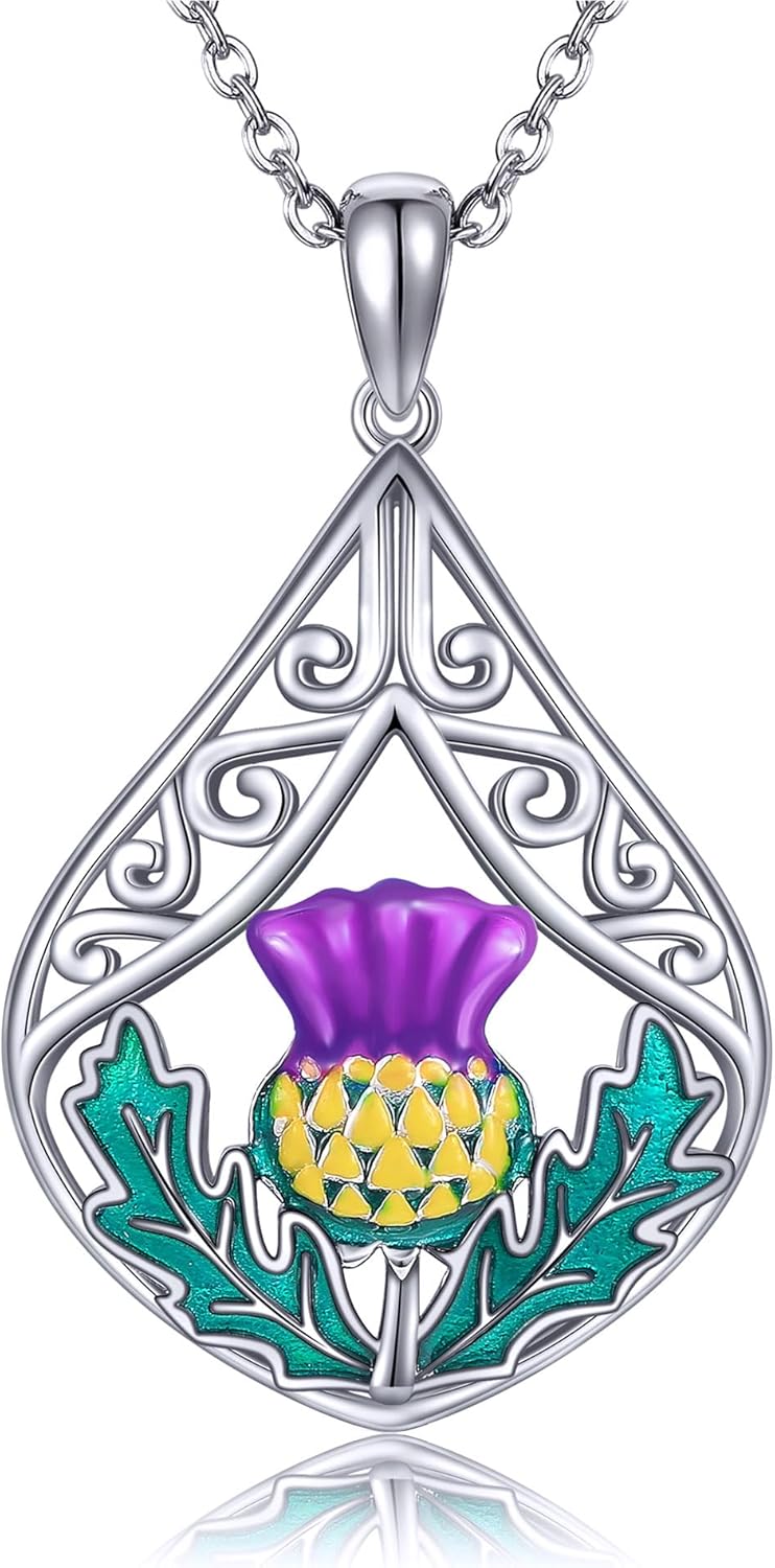 URONE Scottish Thistle Necklace 925 Sterling Silver Thistle Pendant Necklace Scottish Thistle Jewellery Gifts for Women