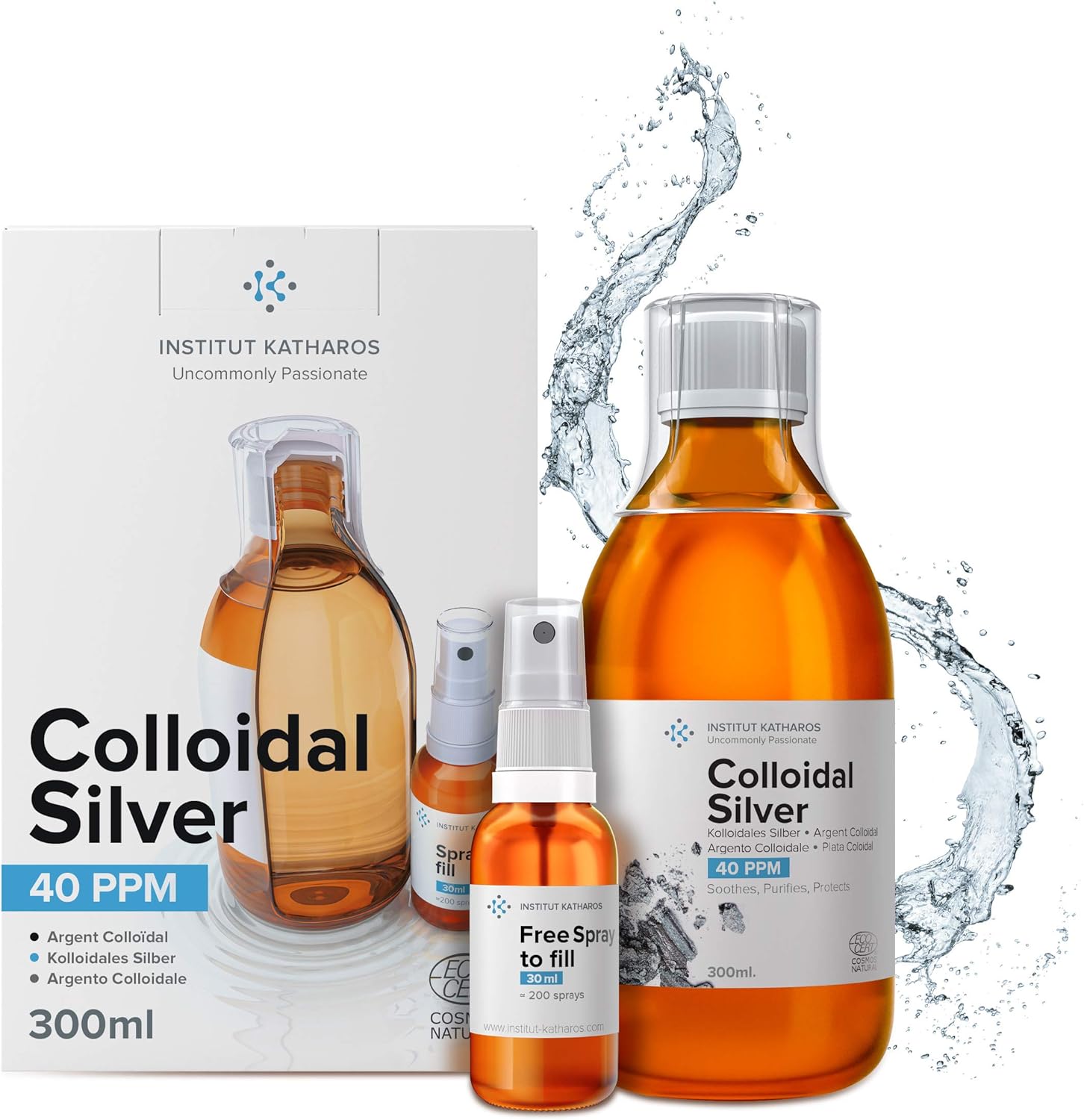 Highest Purity Colloidal Silver 300mL ● 40 PPM ● Free Spray to Fill ● Superior Concentration, Smaller Particles, Better Results ● Certified by 3 Independent Laboratories ● Institut Katharos