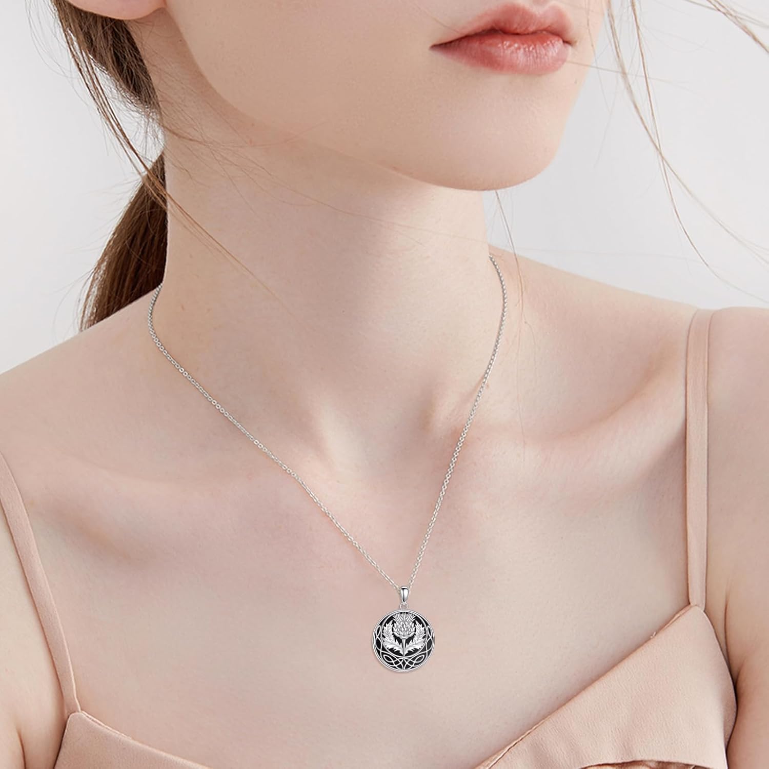 VENACOLY Scottish Thistle Necklace Sterling Silver Scottish Thistle Celtic Knot Necklaces Black Onyx Scotland Flower Pendant Jewellry Gifts For Women Female - Image 6