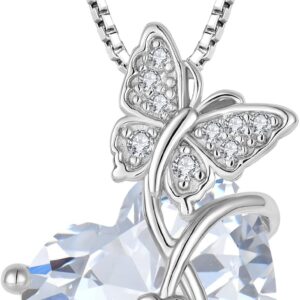 FJ Butterfly Necklace for Women 925 Sterling Silver Heart Birthstone Pendant Jewellery Gifts for Women Mom Wife Girls Her