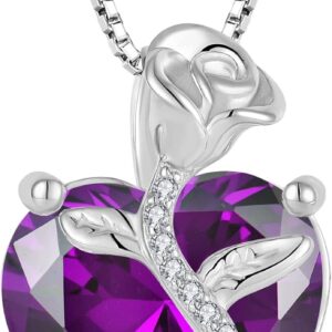 FJ Heart Birthstone Necklace for Women 925 Sterling Silver Rose Flower Necklace Jewellery Gifts for Women Mom Wife Girls Her