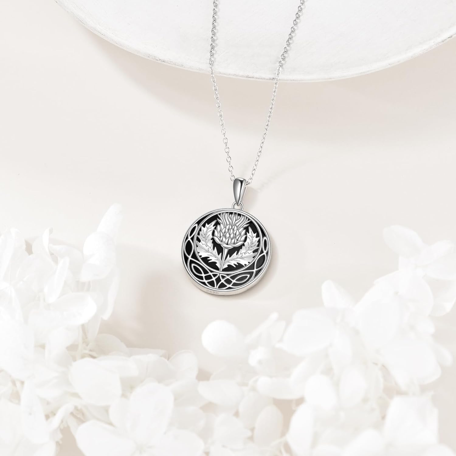 VENACOLY Scottish Thistle Necklace Sterling Silver Scottish Thistle Celtic Knot Necklaces Black Onyx Scotland Flower Pendant Jewellry Gifts For Women Female - Image 2
