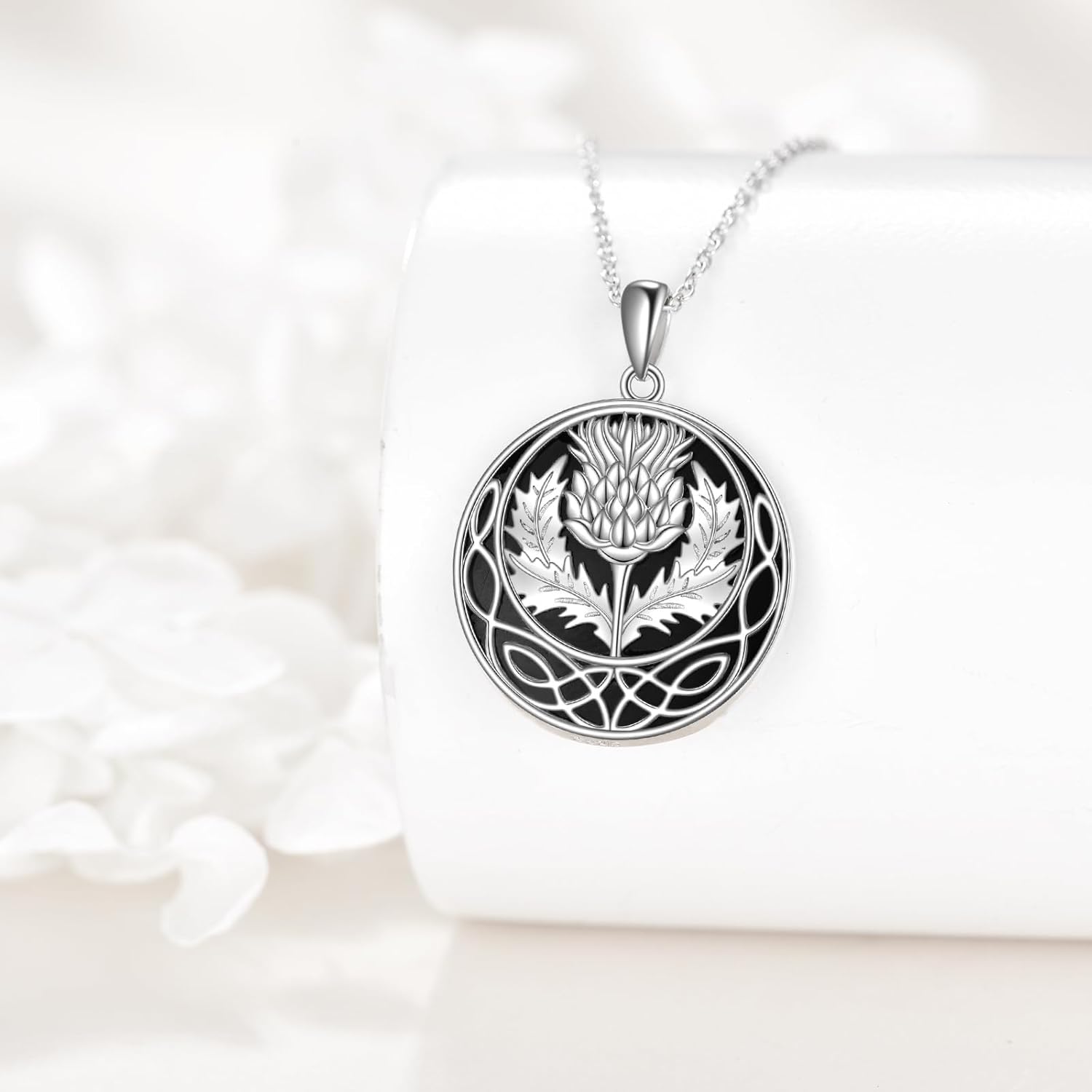 VENACOLY Scottish Thistle Necklace Sterling Silver Scottish Thistle Celtic Knot Necklaces Black Onyx Scotland Flower Pendant Jewellry Gifts For Women Female - Image 3