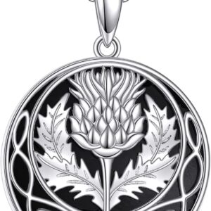 VENACOLY Scottish Thistle Necklace Sterling Silver Scottish Thistle Celtic Knot Necklaces Black Onyx Scotland Flower Pendant Jewellry Gifts For Women Female