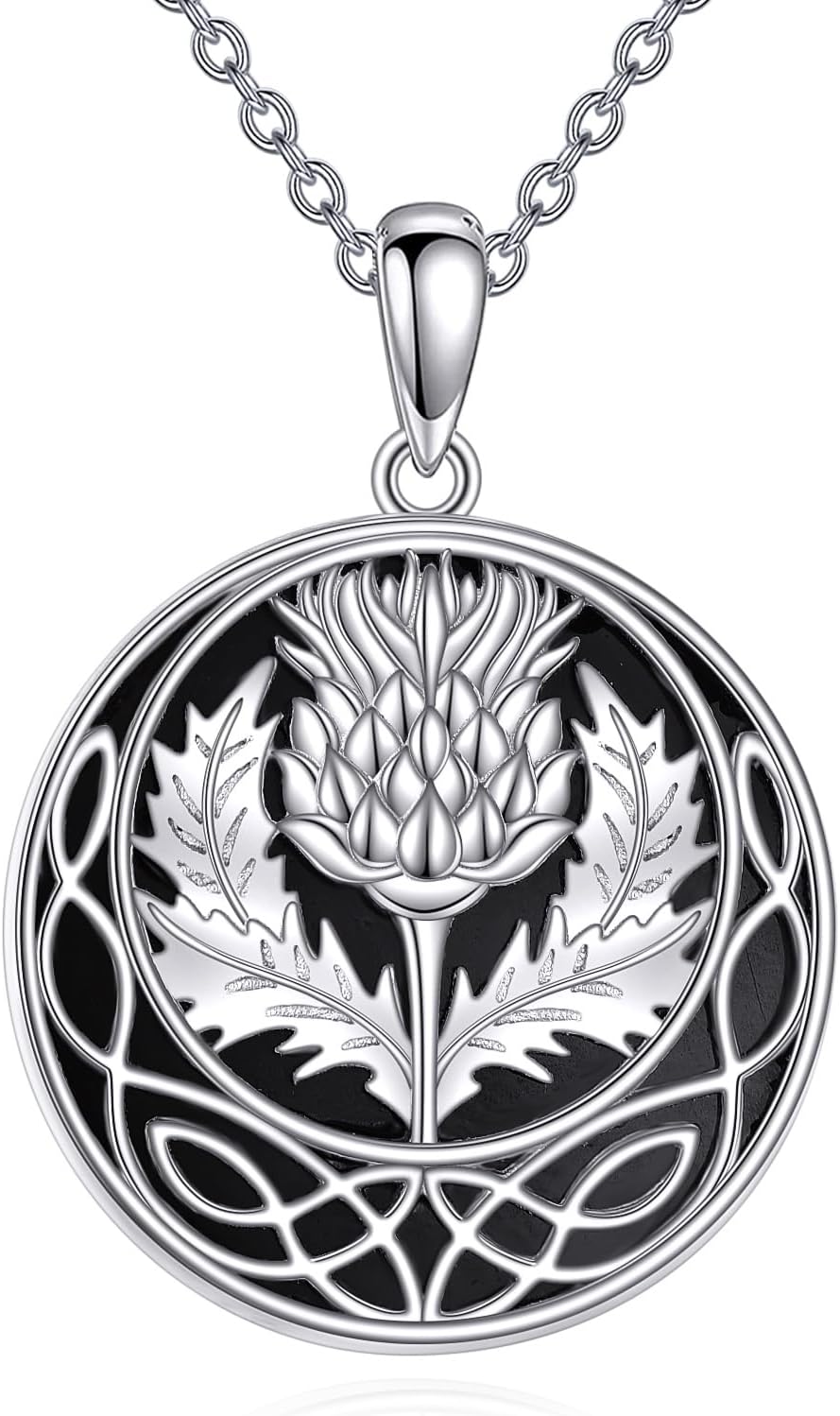 VENACOLY Scottish Thistle Necklace Sterling Silver Scottish Thistle Celtic Knot Necklaces Black Onyx Scotland Flower Pendant Jewellry Gifts For Women Female