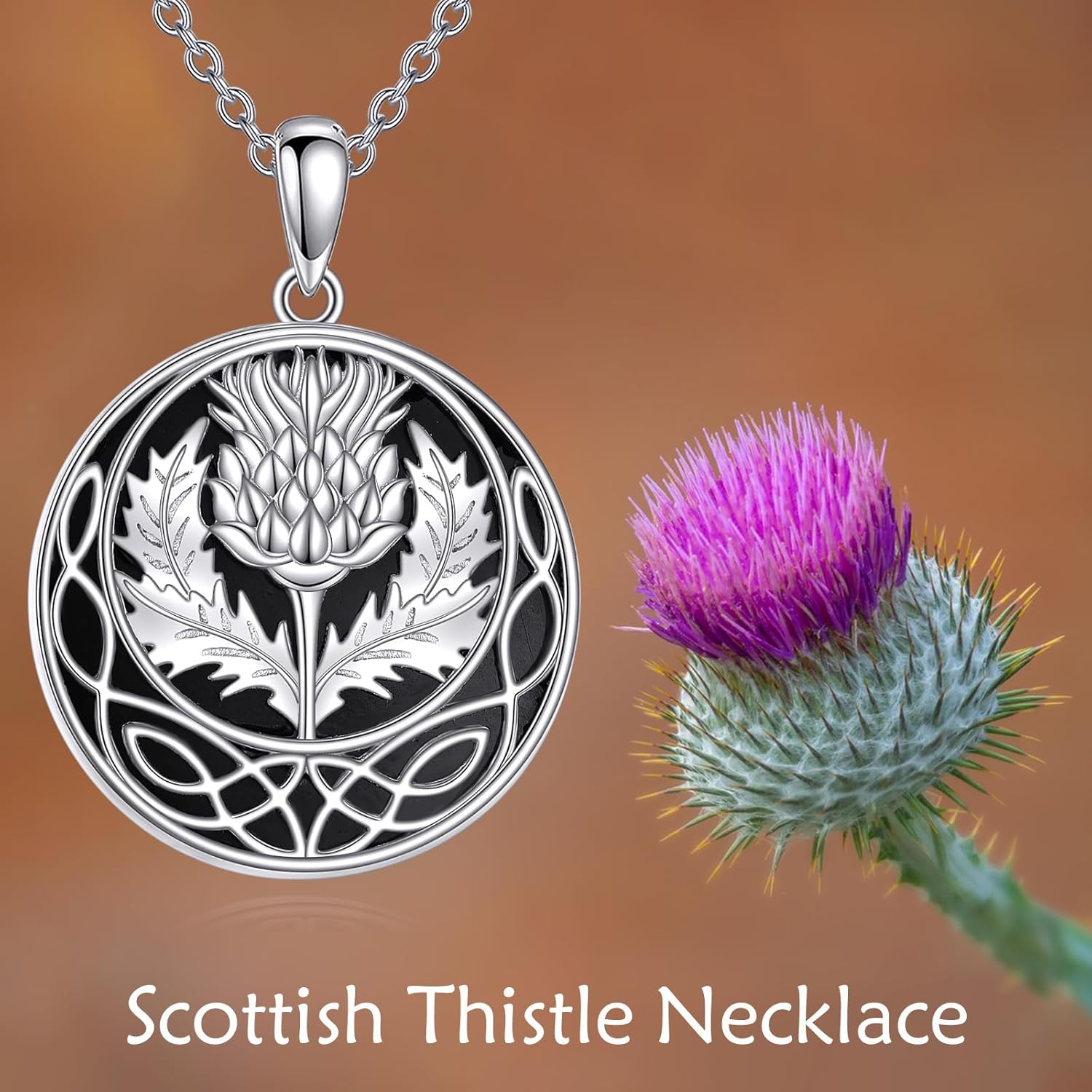 VENACOLY Scottish Thistle Necklace Sterling Silver Scottish Thistle Celtic Knot Necklaces Black Onyx Scotland Flower Pendant Jewellry Gifts For Women Female - Image 4