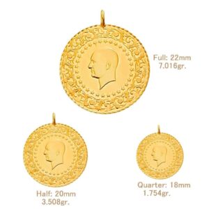 22k Solid Gold Gold Coin, Quarter Half Full Coin Options, Authentic Gold Coin Necklace Gift For Baby New Born New Mom Kids, Turkish Traditional Coin of Ataturk Gift For Wedding Engagement Birthday