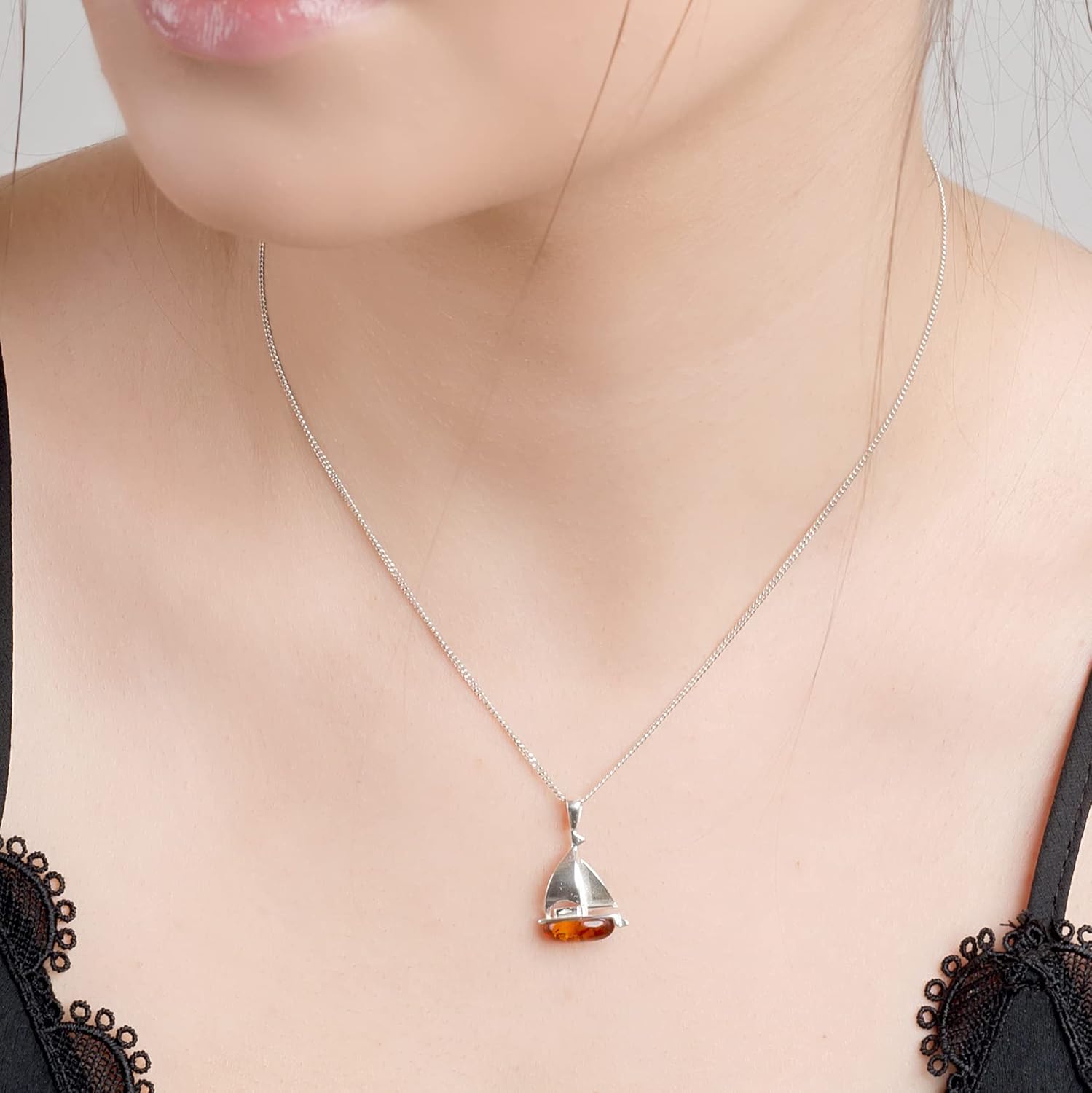 HENRYKA Sailboat Yacht Necklace in 24ct Gold Plate and 925 Sterling Silver, Baltic Amber | Sailing Gifts | Ocean Sea-Life Jewellery - Image 2