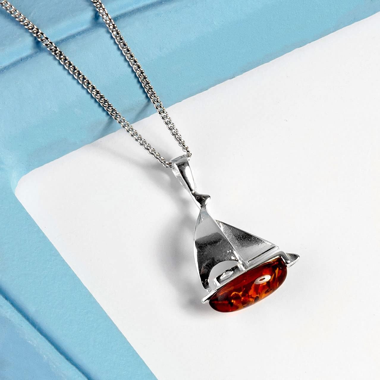 HENRYKA Sailboat Yacht Necklace in 24ct Gold Plate and 925 Sterling Silver, Baltic Amber | Sailing Gifts | Ocean Sea-Life Jewellery - Image 4
