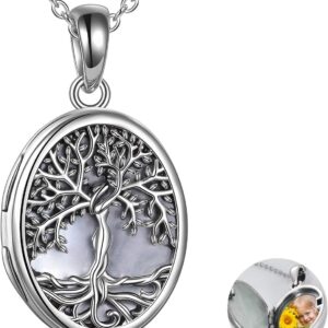 YAFEINI Tree of Life Locket Necklace 925 Sterling Silver Family Tree of Life Abalone/Mother of Pearl Locket Necklace that Holds Pictures for Women Jewelry